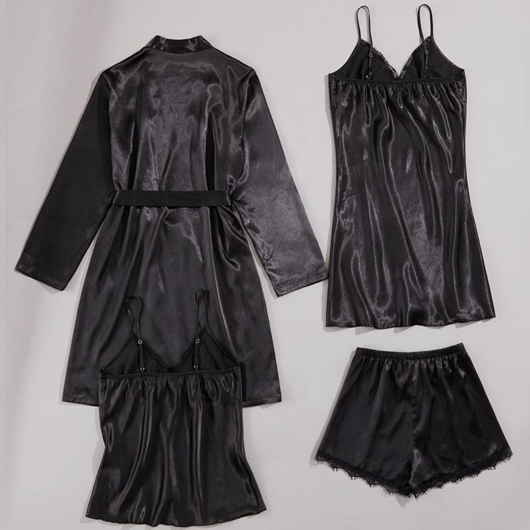 Satin & Lace Black Sleepwear Set - 4 pieces